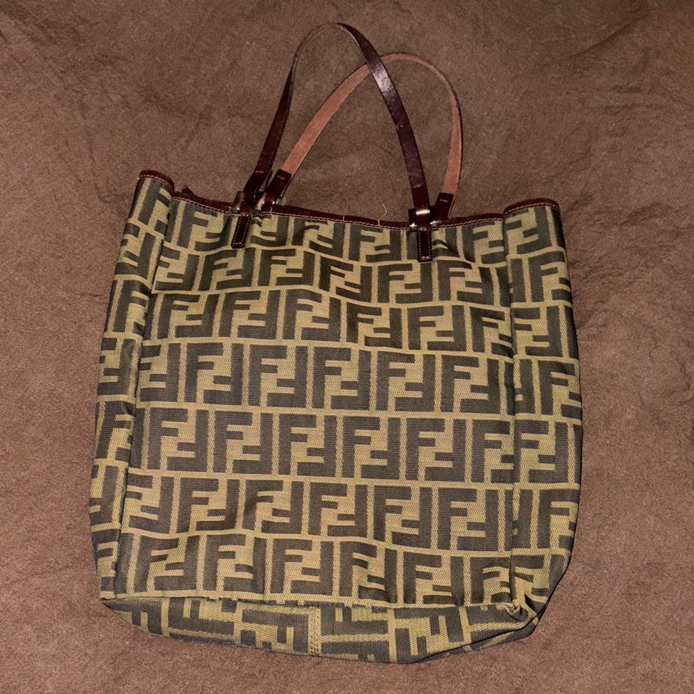 Fendi Brown Monogram Canvas Tote with Dark Brown Leather Straps